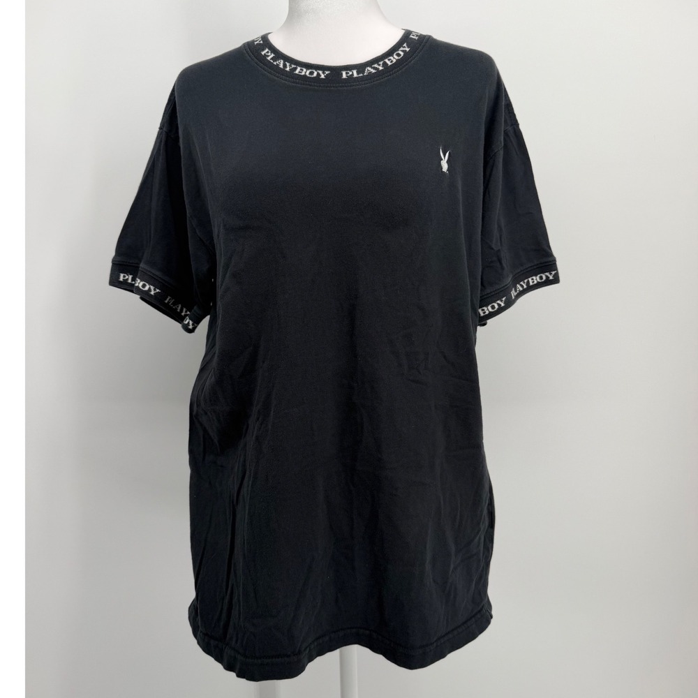 Playboy PacSun Mens Black Logo T-Shirt Embroidered Bunny Short Sleeve M
